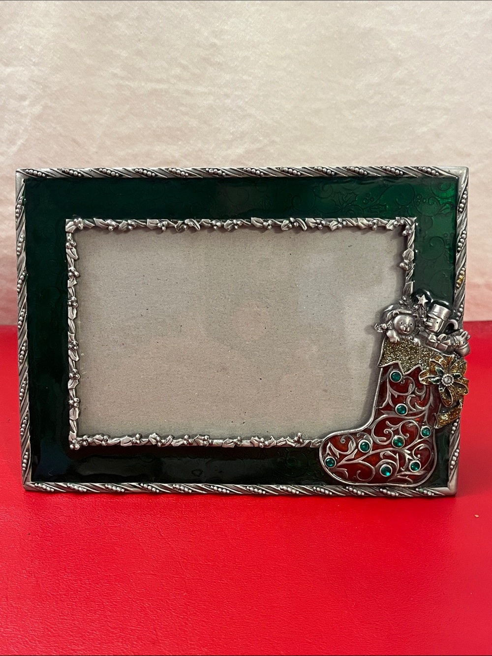 Vintage Holiday Green Enamel Picture Frame with Decorative Stocking accent